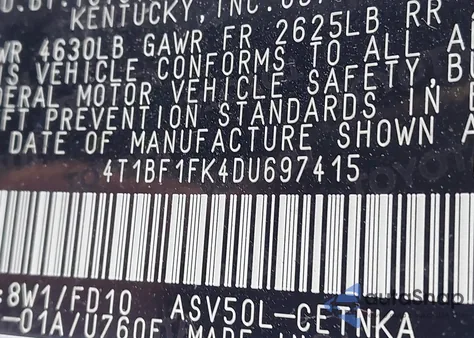 2013 Toyota Camry Le from USA, damaged, VIN 4T1BF1FK4DU697415